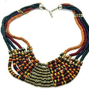 Boho Chic Trendy Multi Strand VTG Blue Red Black‎ Natural Rondelle Bead Necklace